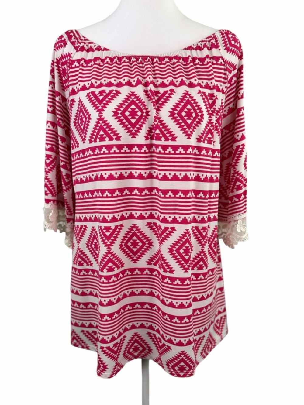R. Roage Pink/White Crochet Sleeve Tunic Top | Size M | Boho Style